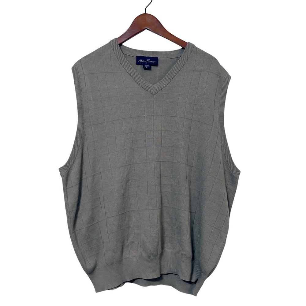 Alan Flusser Men Gray V-Neck 100% Silk Grid Knit Sweater Vest XL Preppy Academic